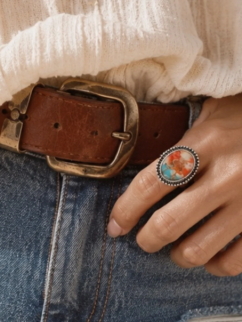 Southwestern Oval Statement Ring Boho Silver Tone Size 6